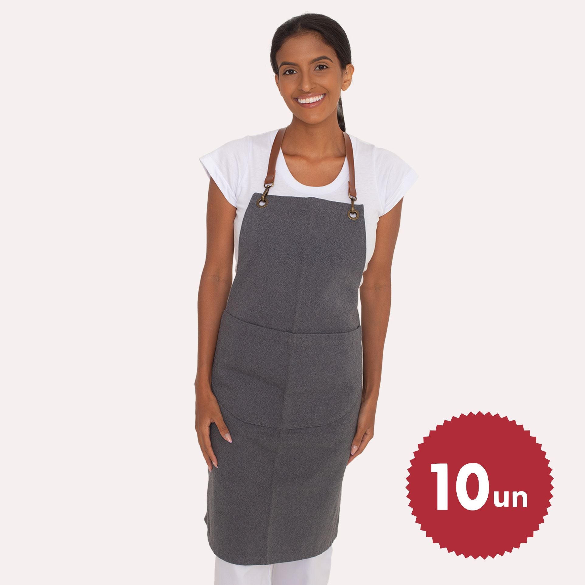 Kit 10 Aventais Lona Cinza Com Alça de Couro