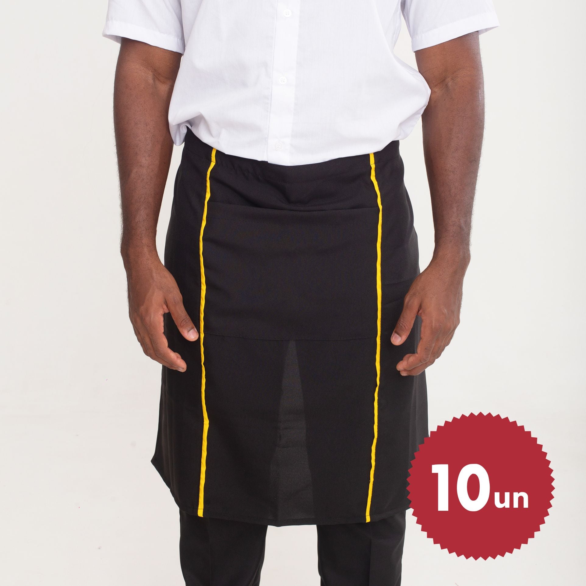 KIT 10 Aventais Preto de Cintura com Bolso e Vies Amarelo Oxford