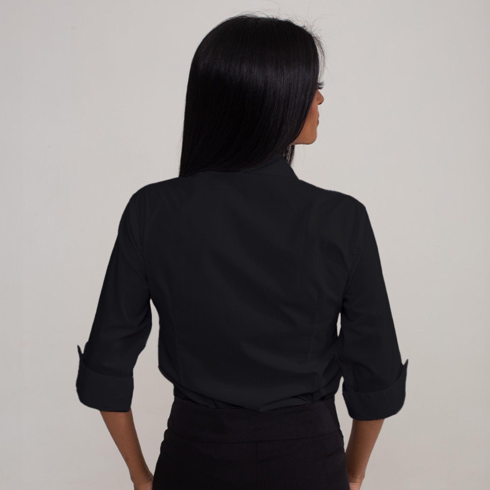 Camisa Social Microfibra Preta Manga 3/4 Feminina
