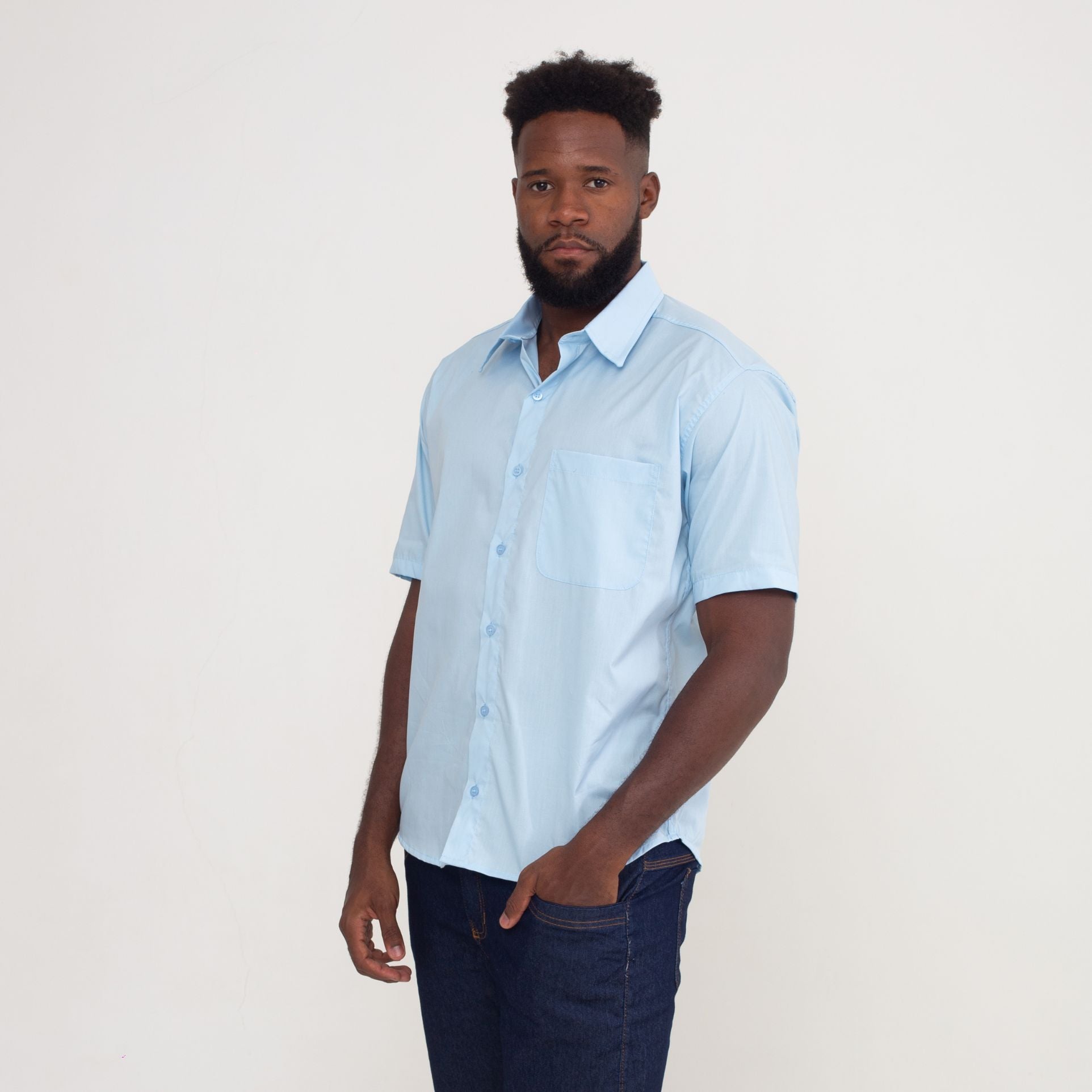 Camisa Social Azul Claro Algodão Manga Curta Masculina