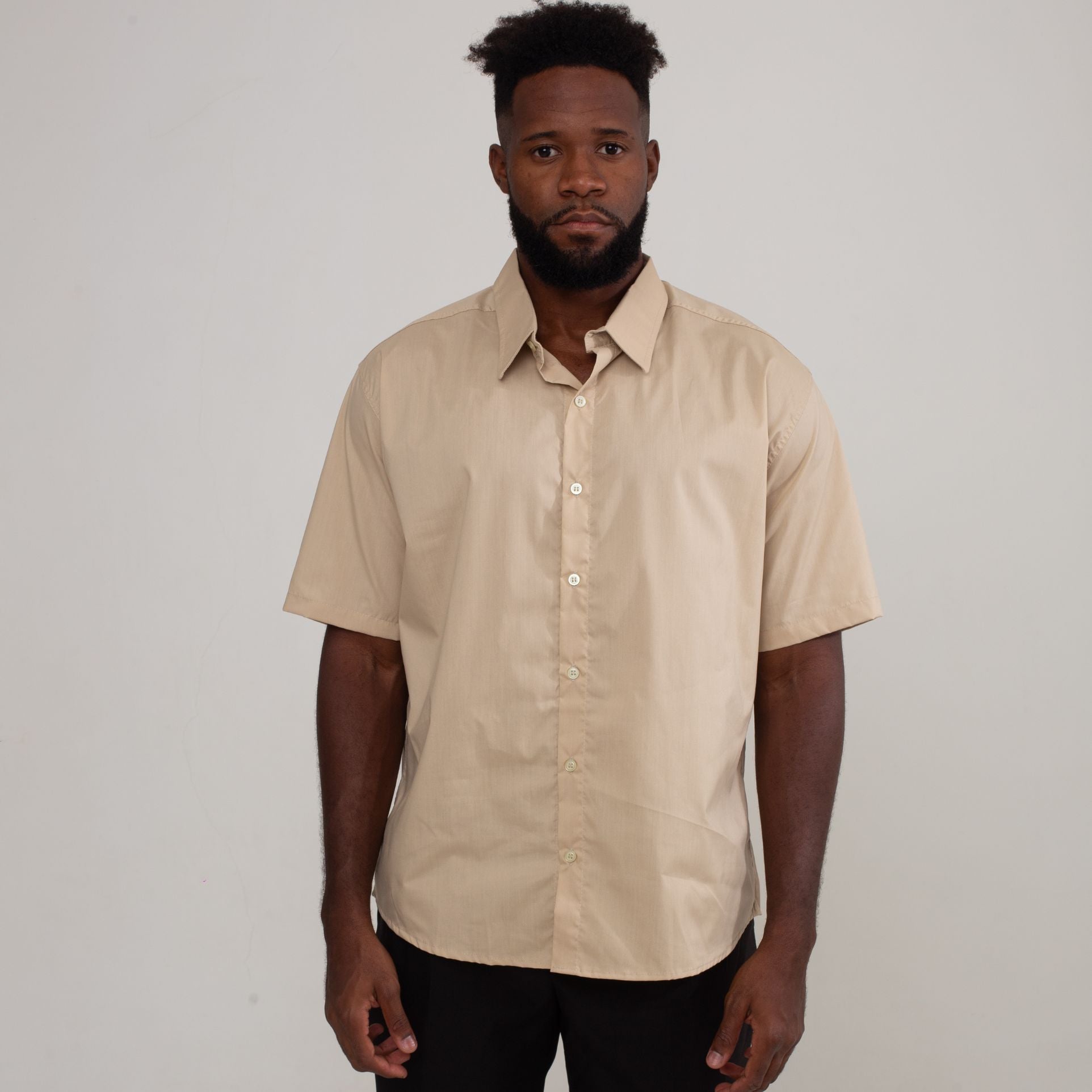 Camisa Social Bege Algodão Manga Curta Masculina