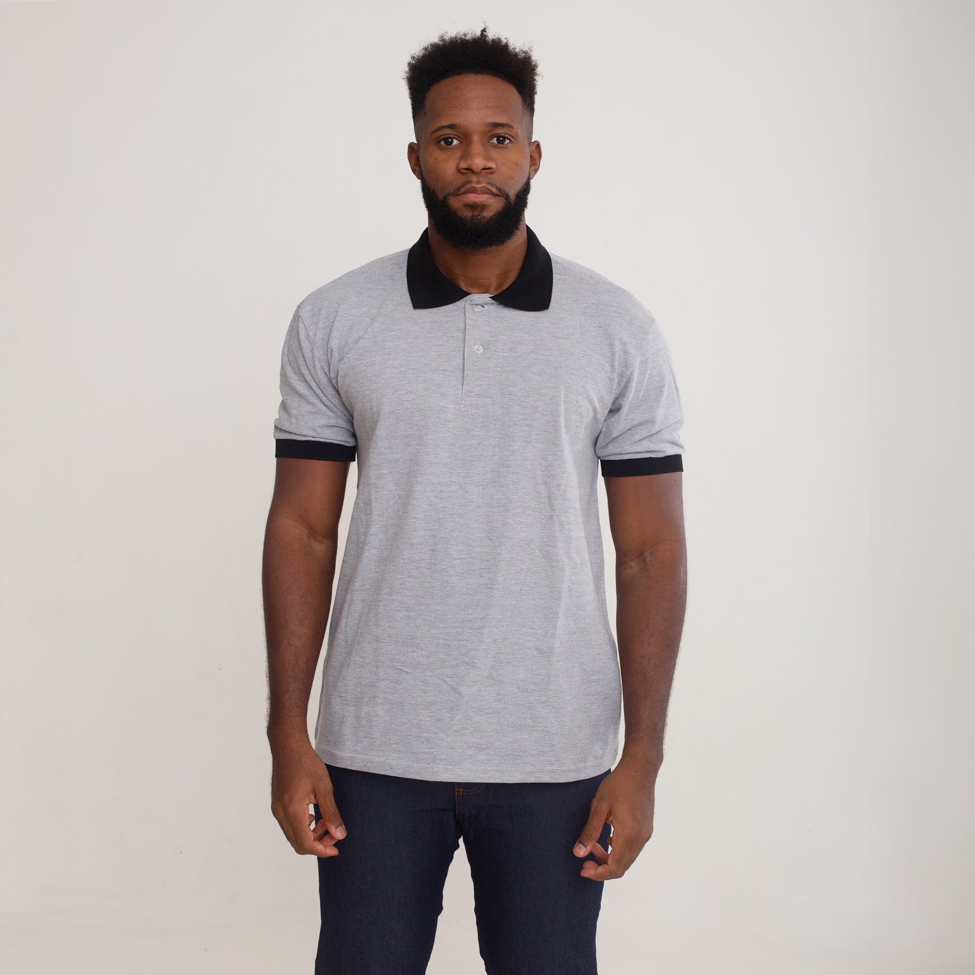 Camisa Polo Piquet Algodão Cinza Com Gola e Punho Preto