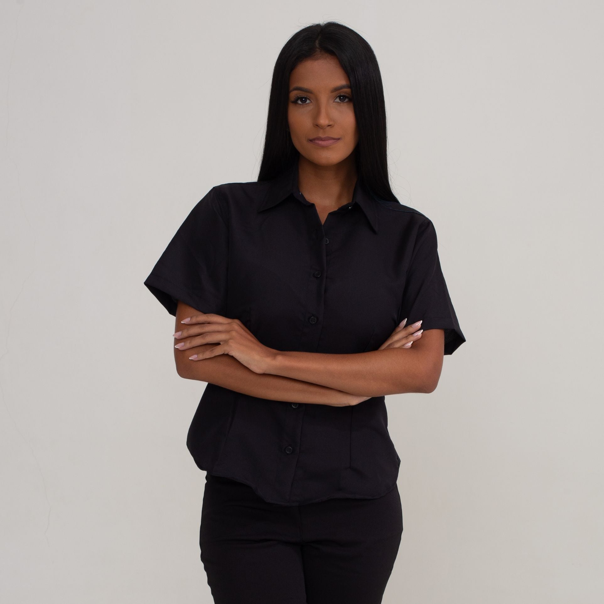 Camisa Social Preta Algodão Manga Curta Feminina