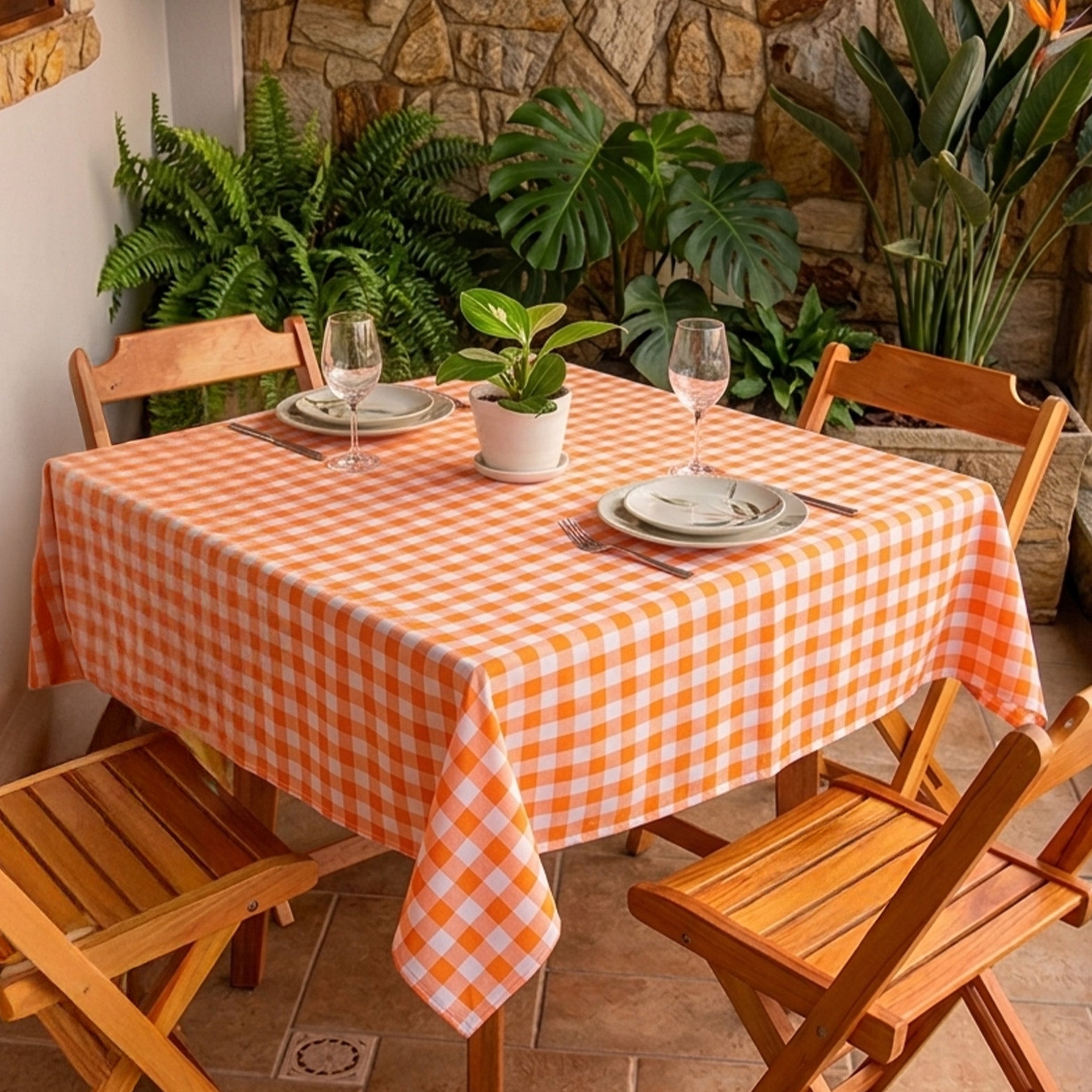 Toalha de Mesa Xadrez 1,50x1,50 Laranja Quadrada