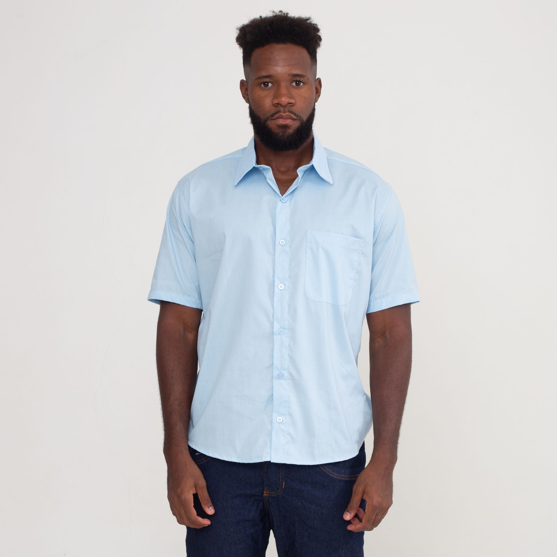Camisa Social Azul Claro Algodão Manga Curta Masculina