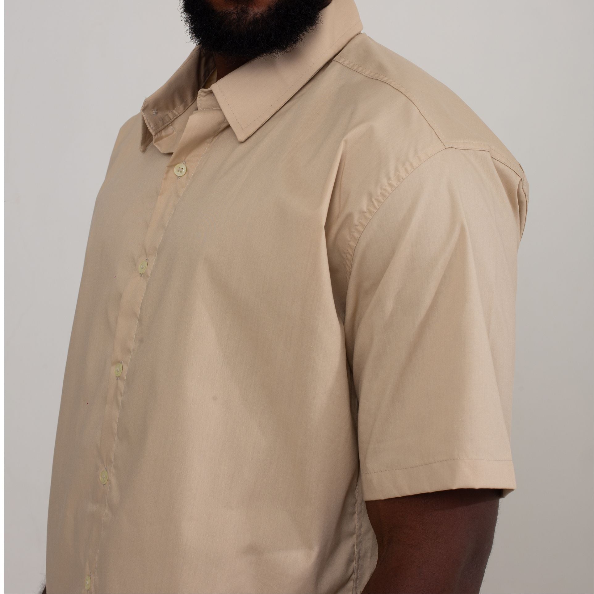 Camisa Social Bege Algodão Manga Curta Masculina