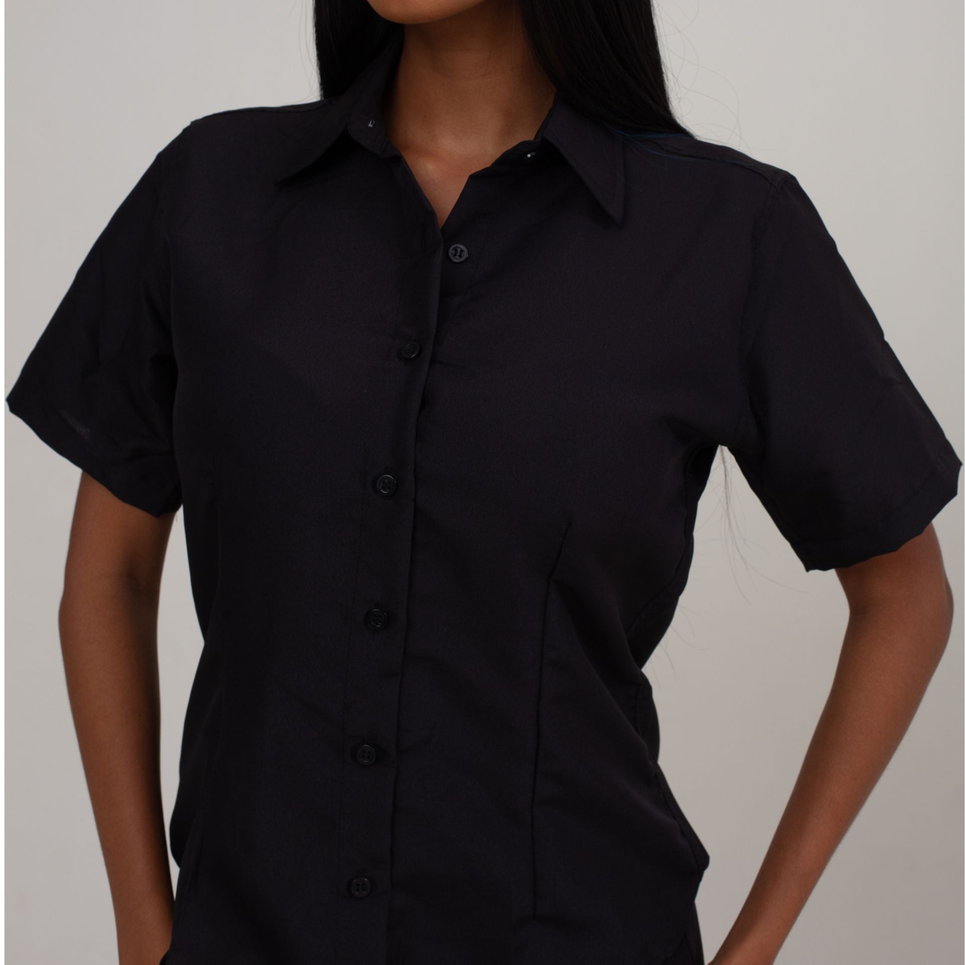 Camisa Social Preta Algodão Manga Curta Feminina
