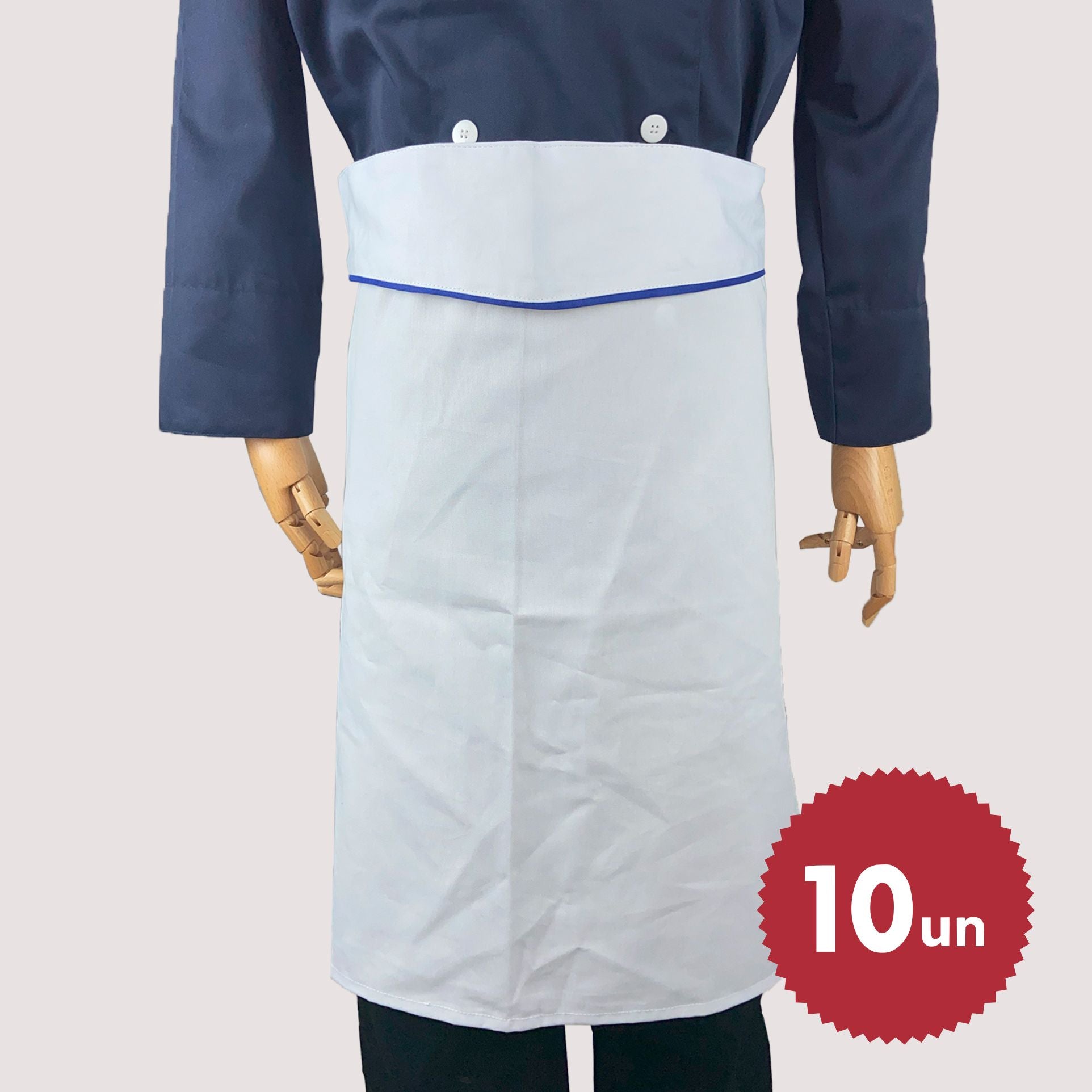 Kit 10 Aventais Branco de Cintura com Pala e Sutache Azul Brim