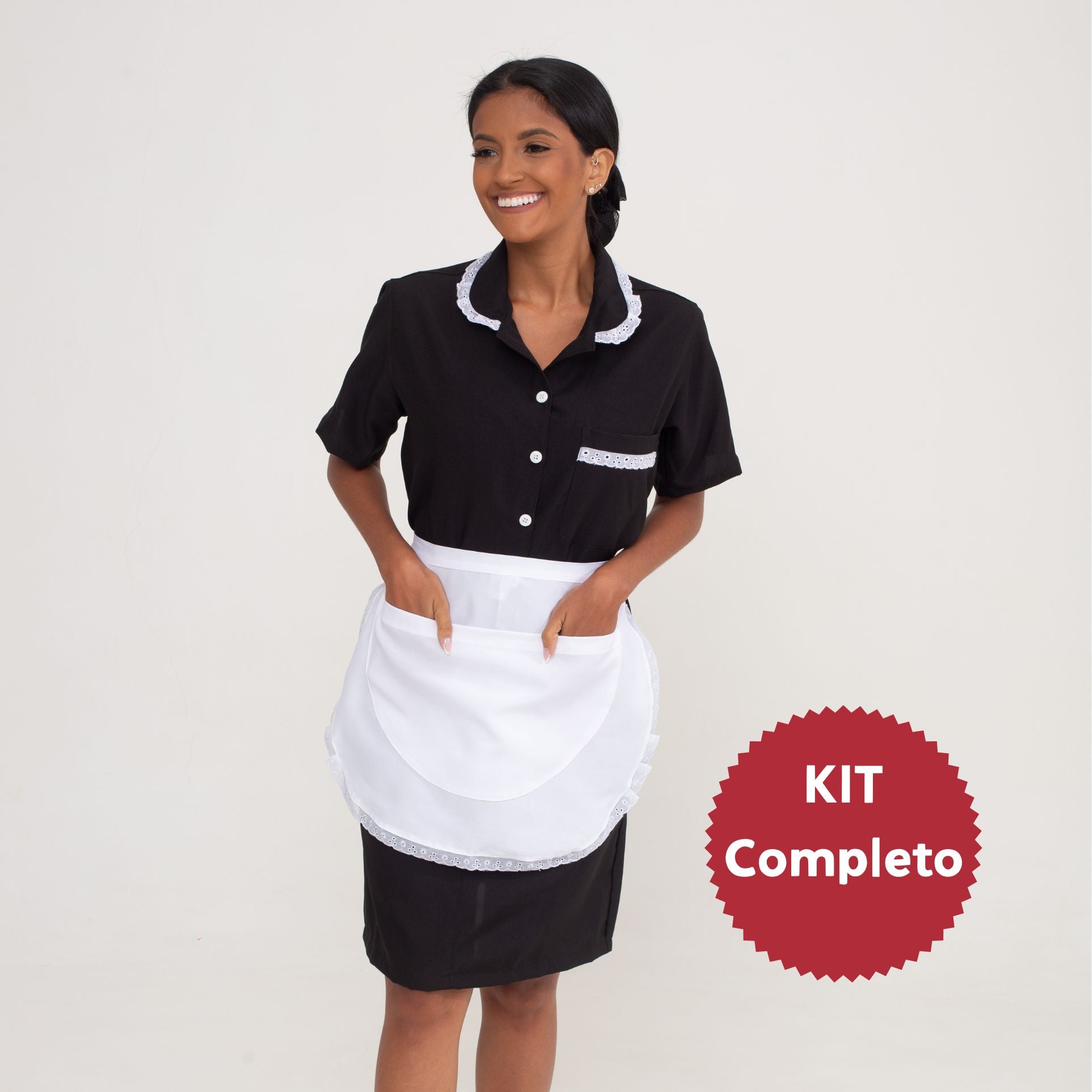 Vestido Preto Oxford com Rendinha + Avental com Renda