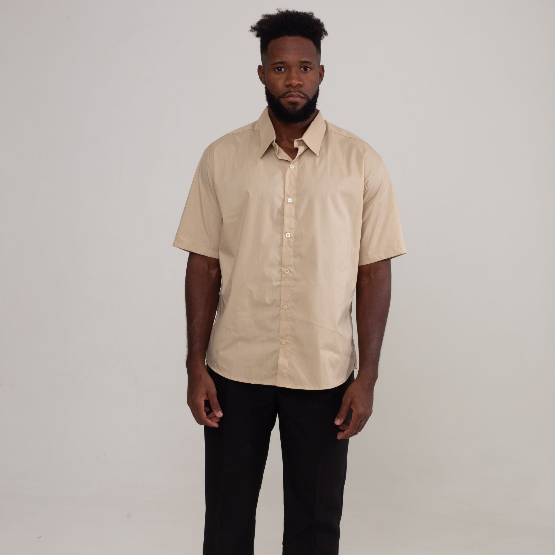 Camisa Social Bege Algodão Manga Curta Masculina