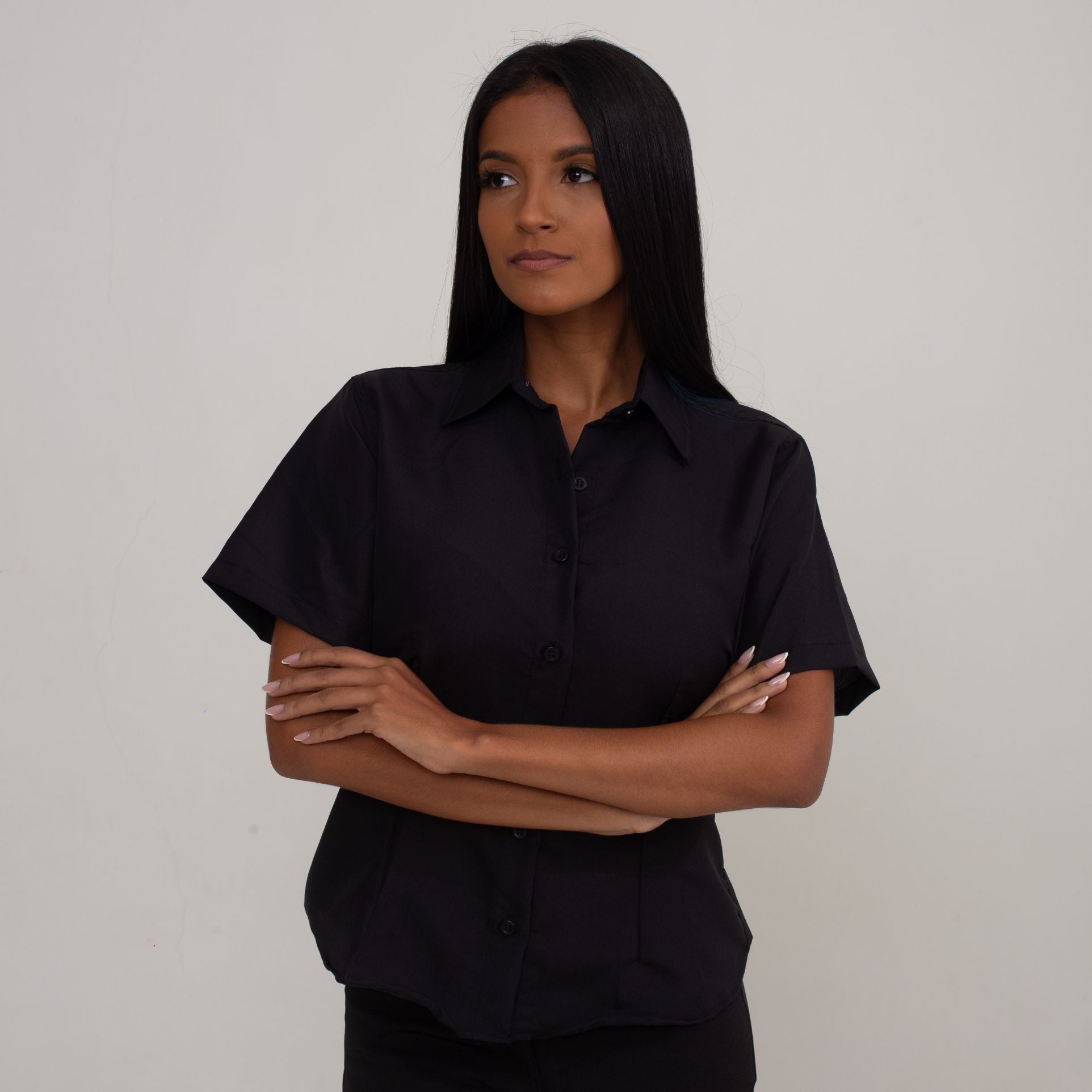 Camisa Social Preta Microfibra Manga Curta Feminina