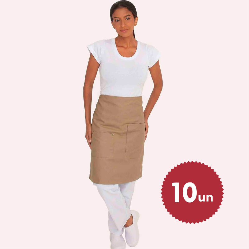 Kit 10 Aventais Bege de Cintura Transpassado Com Bolsos Laterais Brim