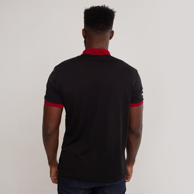 Camisa Polo Piquet Algodão Preto Com Gola e Punho Vermelho