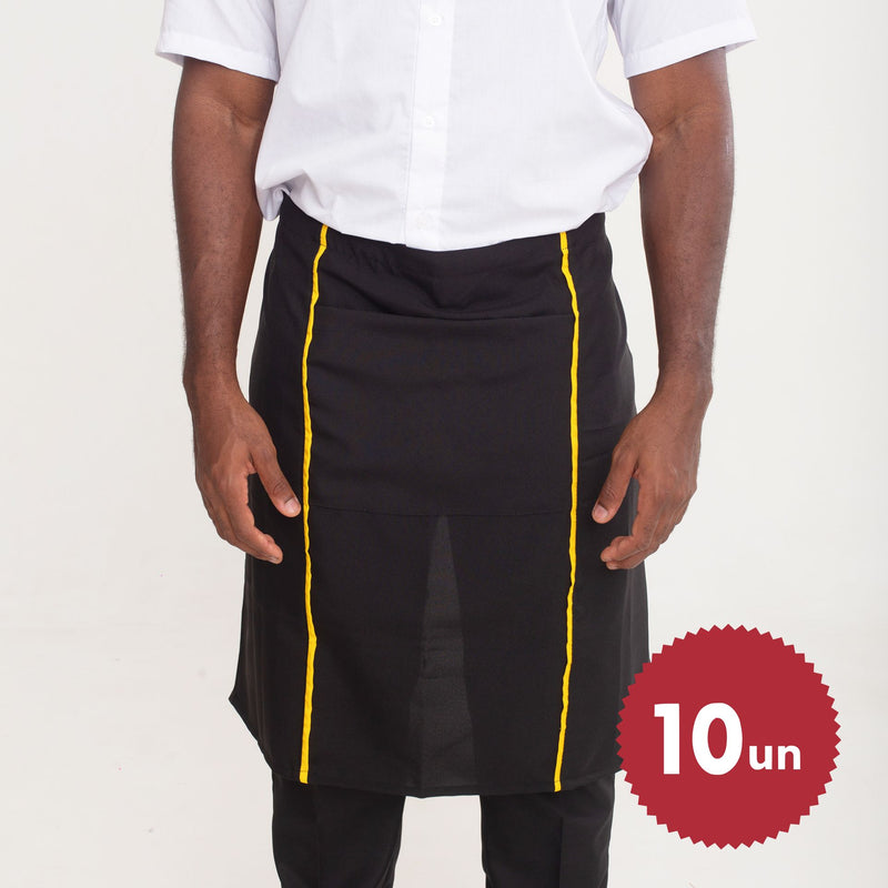 KIT 10 Aventais Preto de Cintura com Bolso e Vies Amarelo Oxford