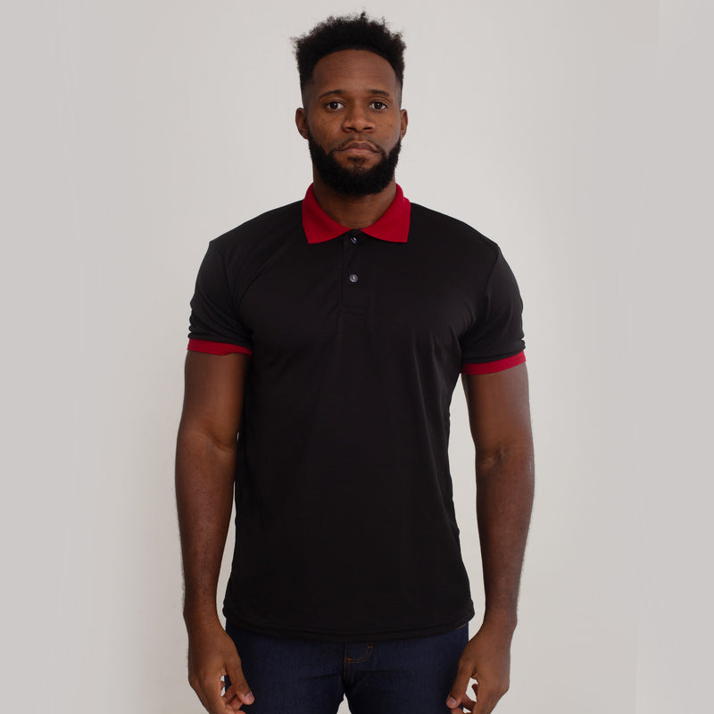 Camisa Polo Piquet Algodão Preto Com Gola e Punho Vermelho
