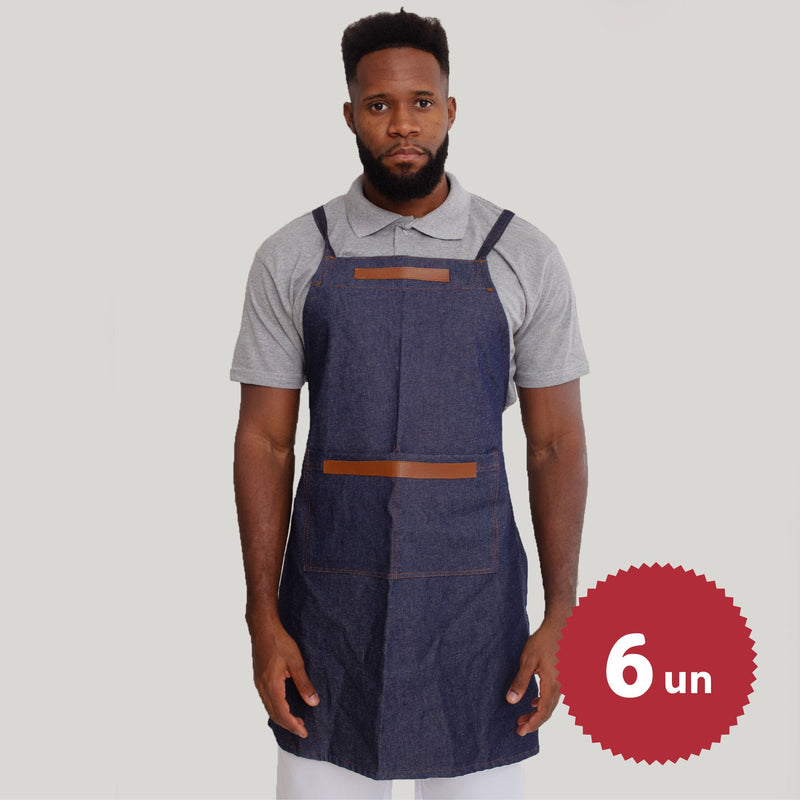 KIT 6 Aventais Jeans Escuro Com Detalhe de Couro e Tira Transpassada