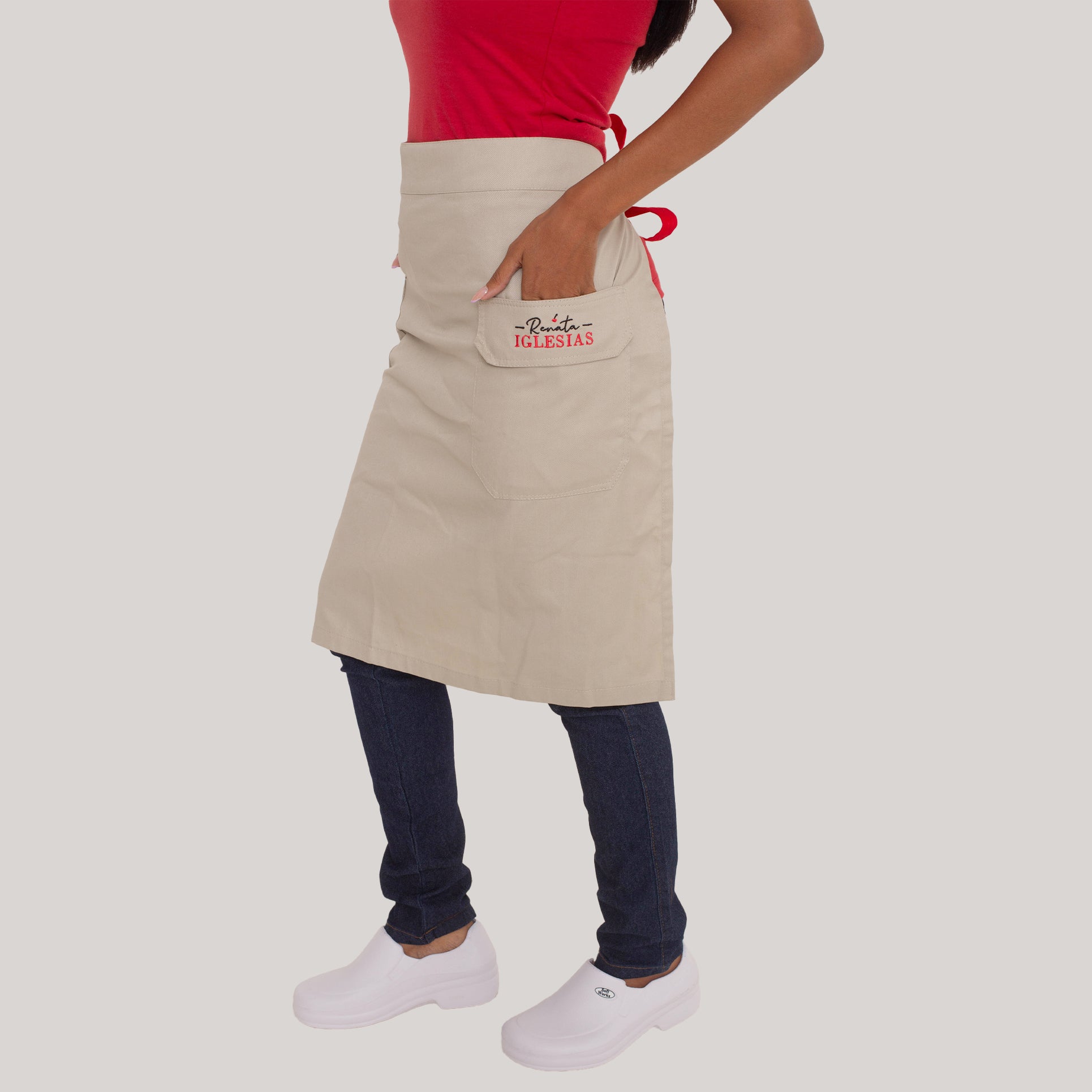 KIT 6 Aventais Bege Cargo de Cintura com Tiras em Vermelho