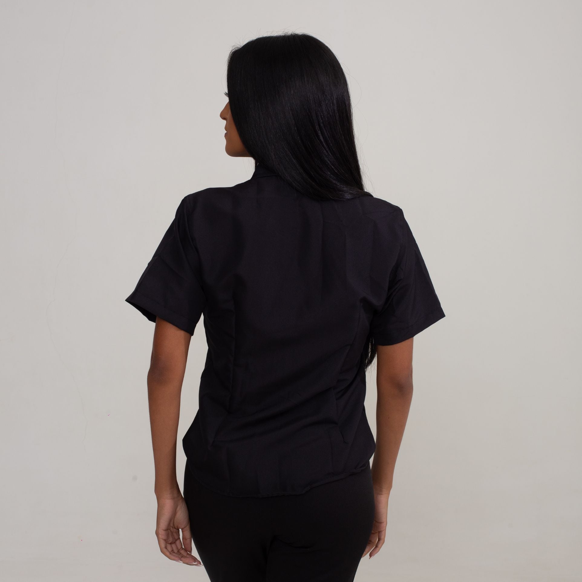 Camisa Social Preta Algodão Manga Curta Feminina