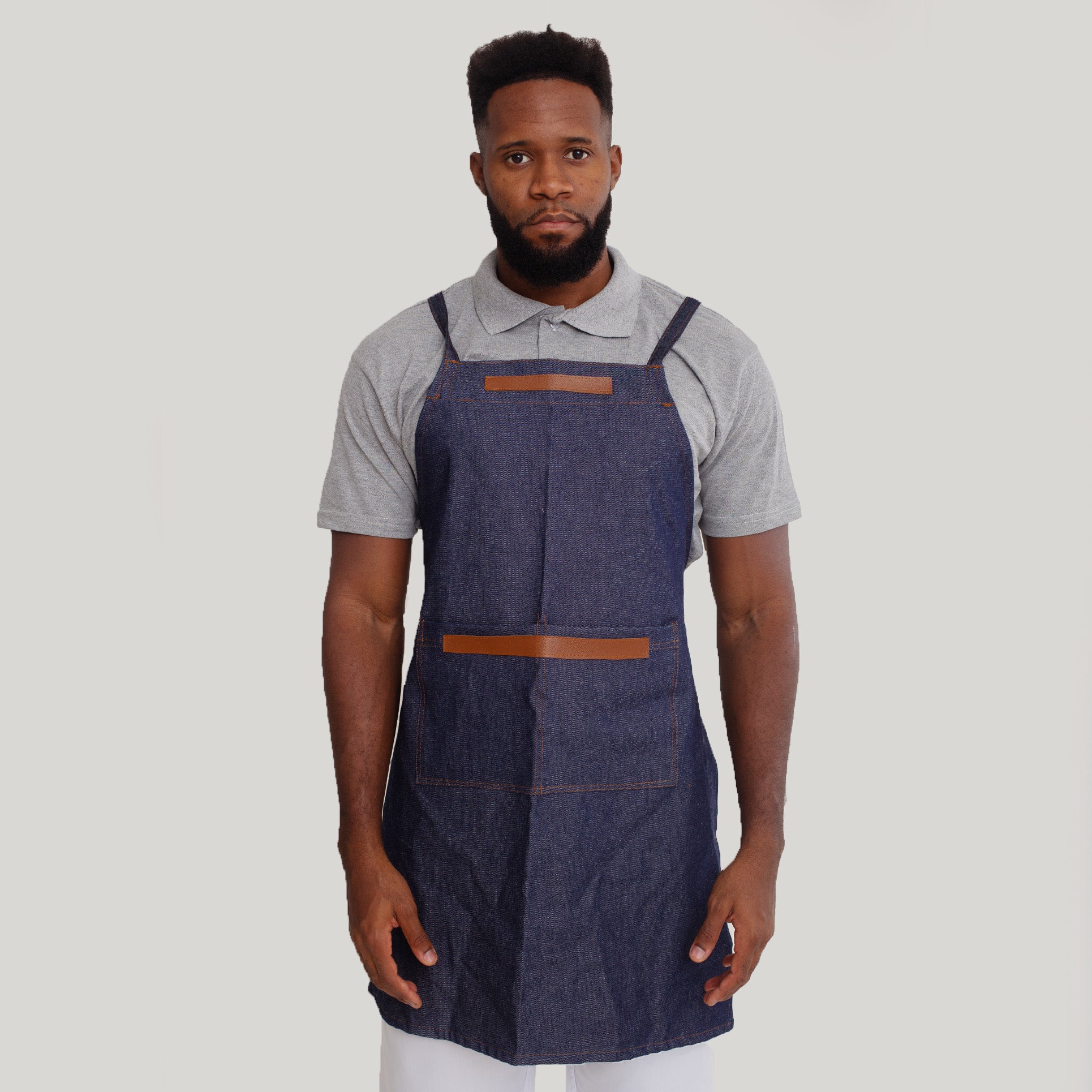KIT 6 Aventais Jeans Escuro Com Detalhe de Couro e Tira Transpassada