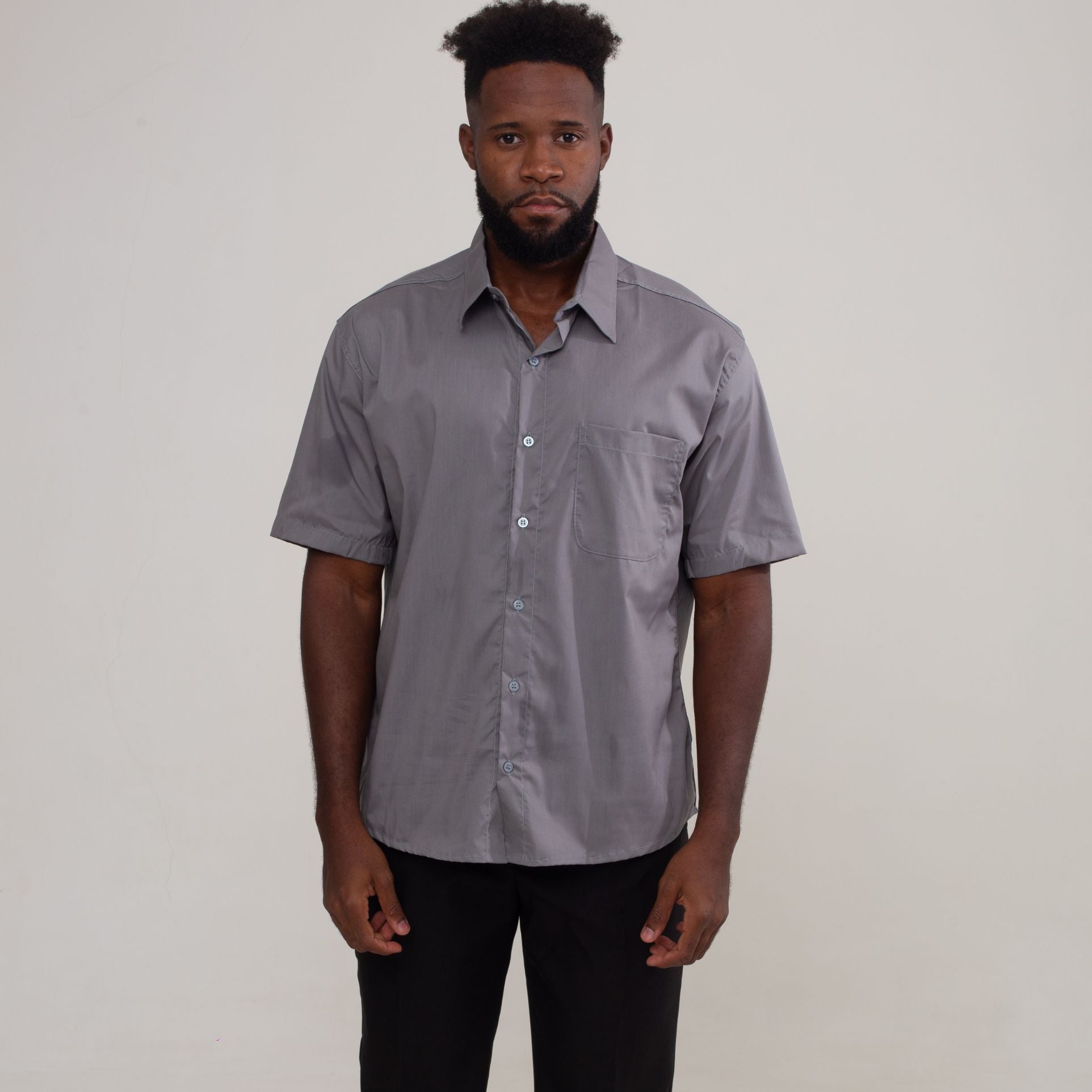 Camisa Social Cinza Algodão Manga Curta Masculina