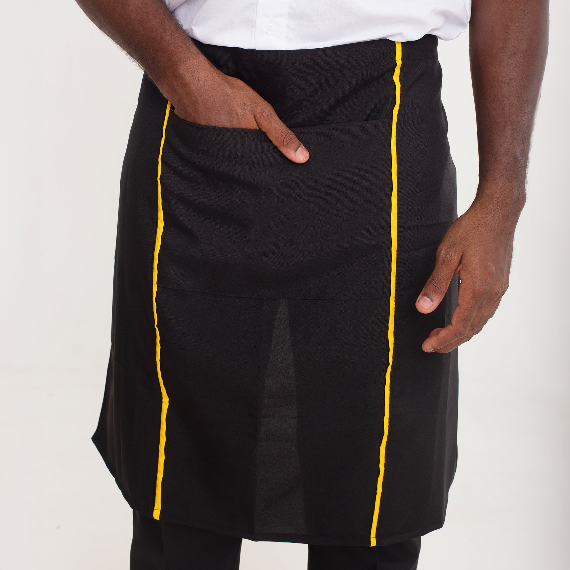 KIT 10 Aventais Preto de Cintura com Bolso e Vies Amarelo Oxford