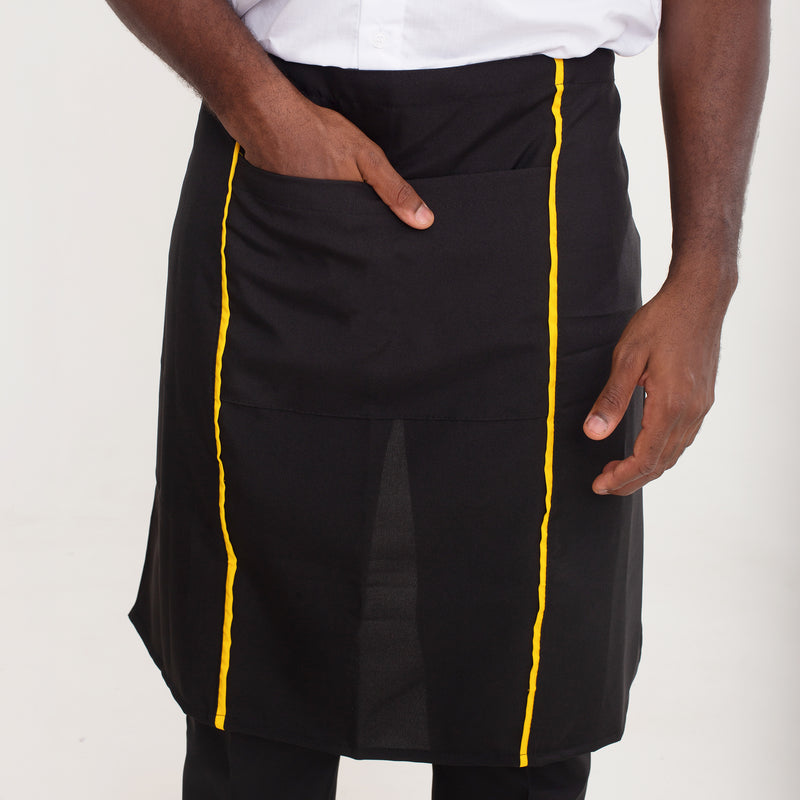 KIT 10 Aventais Preto de Cintura com Bolso e Vies Amarelo Oxford