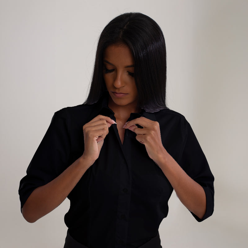 Camisa Social Microfibra Preta Manga 3/4 Feminina