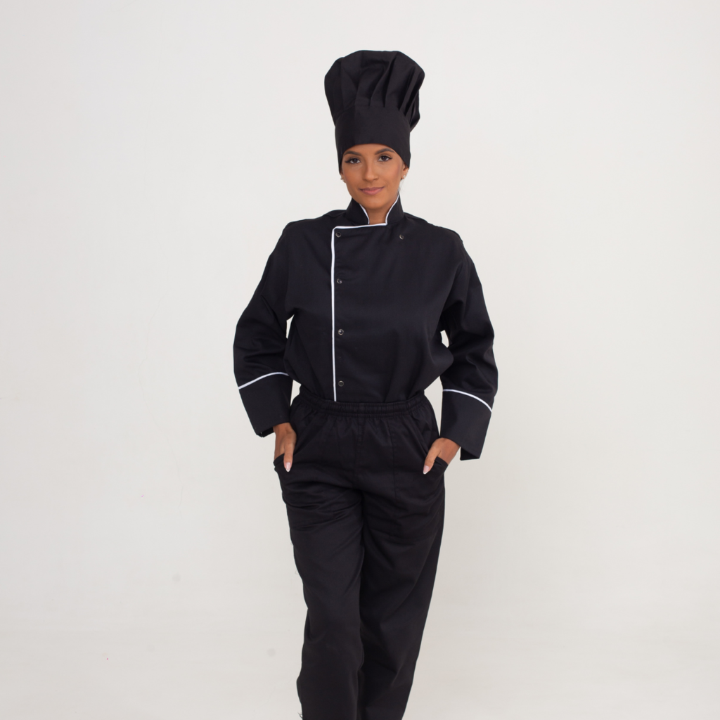 Dólmã Manga Longa Preta Com Sutache Branco e Botão de Pressão