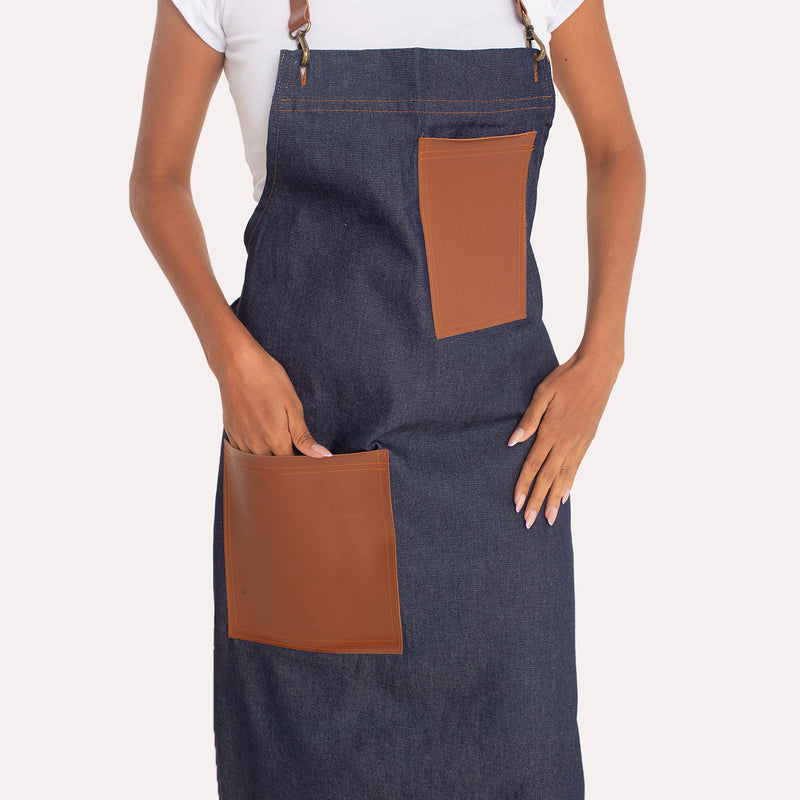 KIT 6 Aventais Jeans com Bolsos e Alça de Couro