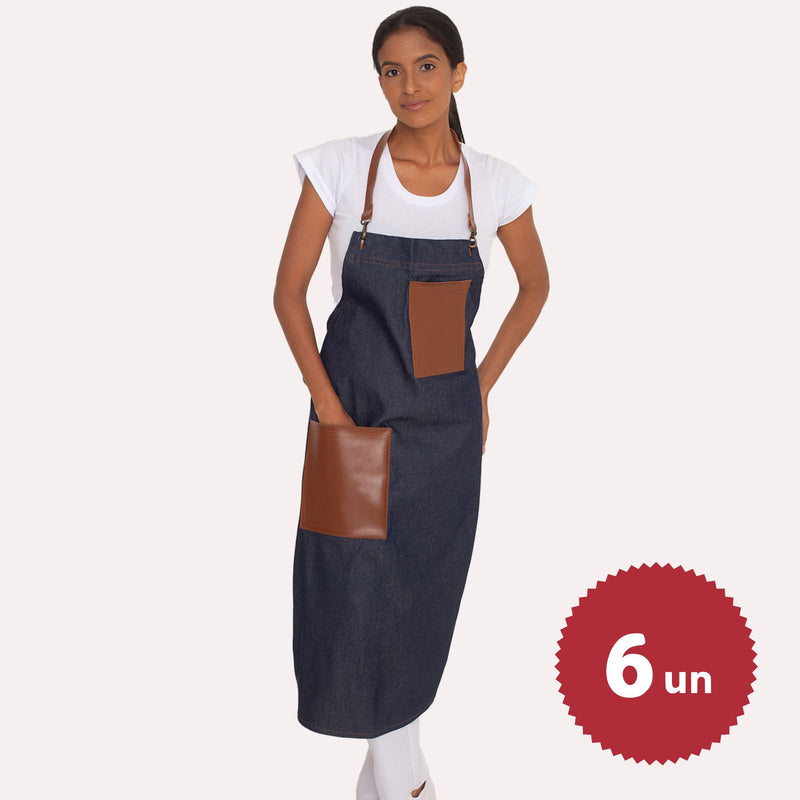 KIT 6 Aventais Jeans com Bolsos e Alça de Couro