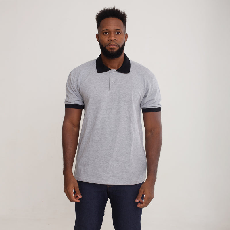 Camisa Polo Piquet Algodão Cinza Com Gola e Punho Preto