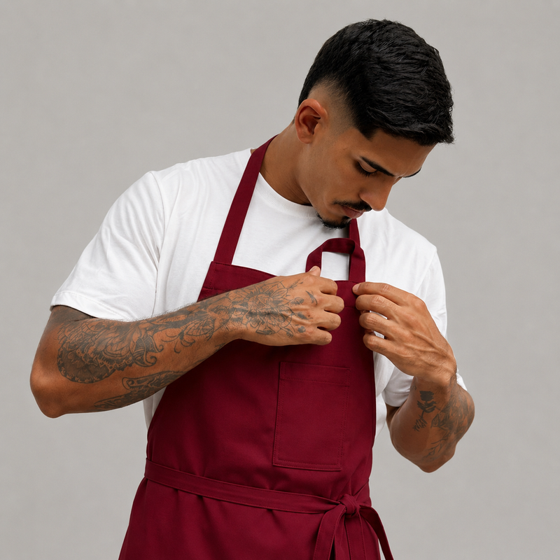 Kit 10 Aventais Vinho Com Bolso no Peito e Amarração no Pescoço Brim