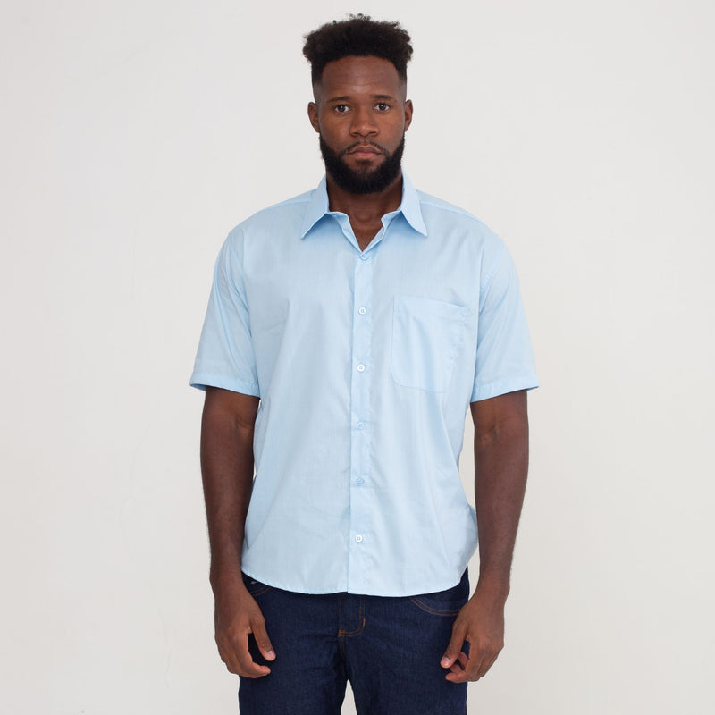 Camisa Social Azul Claro Algodão Manga Curta Masculina