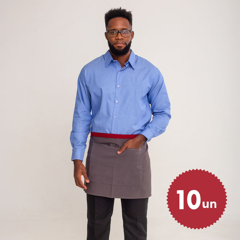 Kit 10 Aventais Cinza com Bolso e Tiras Vermelhas Oxford