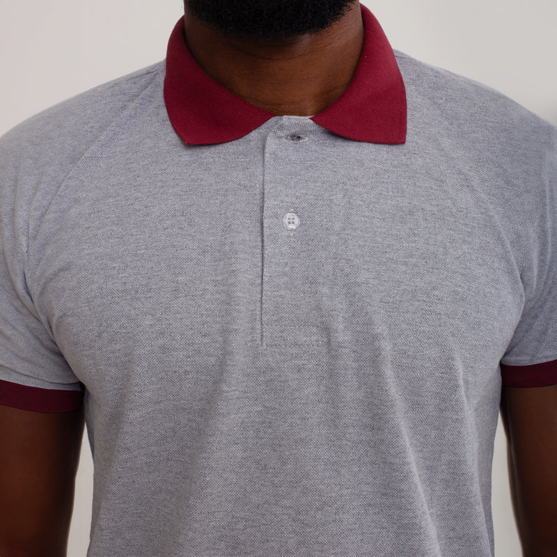 Camisa Polo Piquet Algodão Cinza Com Gola e Punho Vermelho